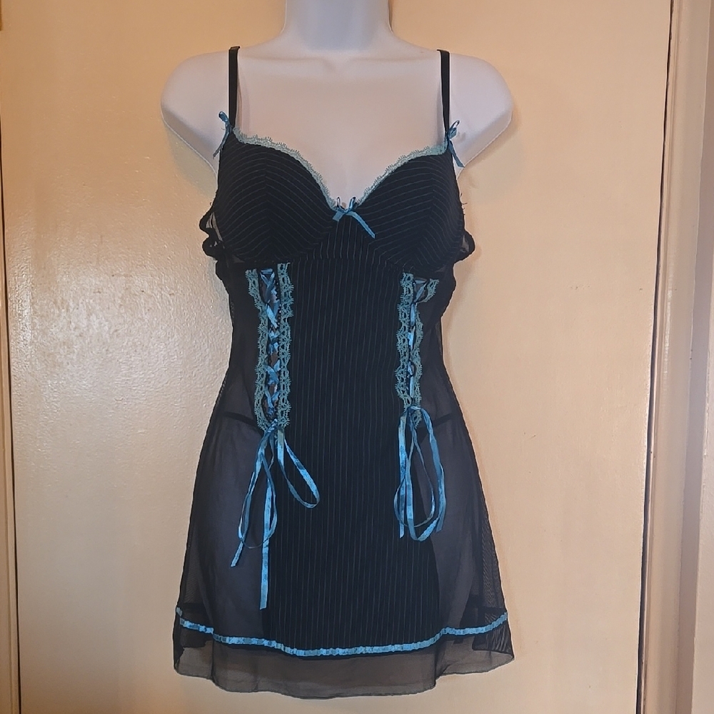 Elegant Black and Blue Lace Chemise Nightie Babydoll Lingerie